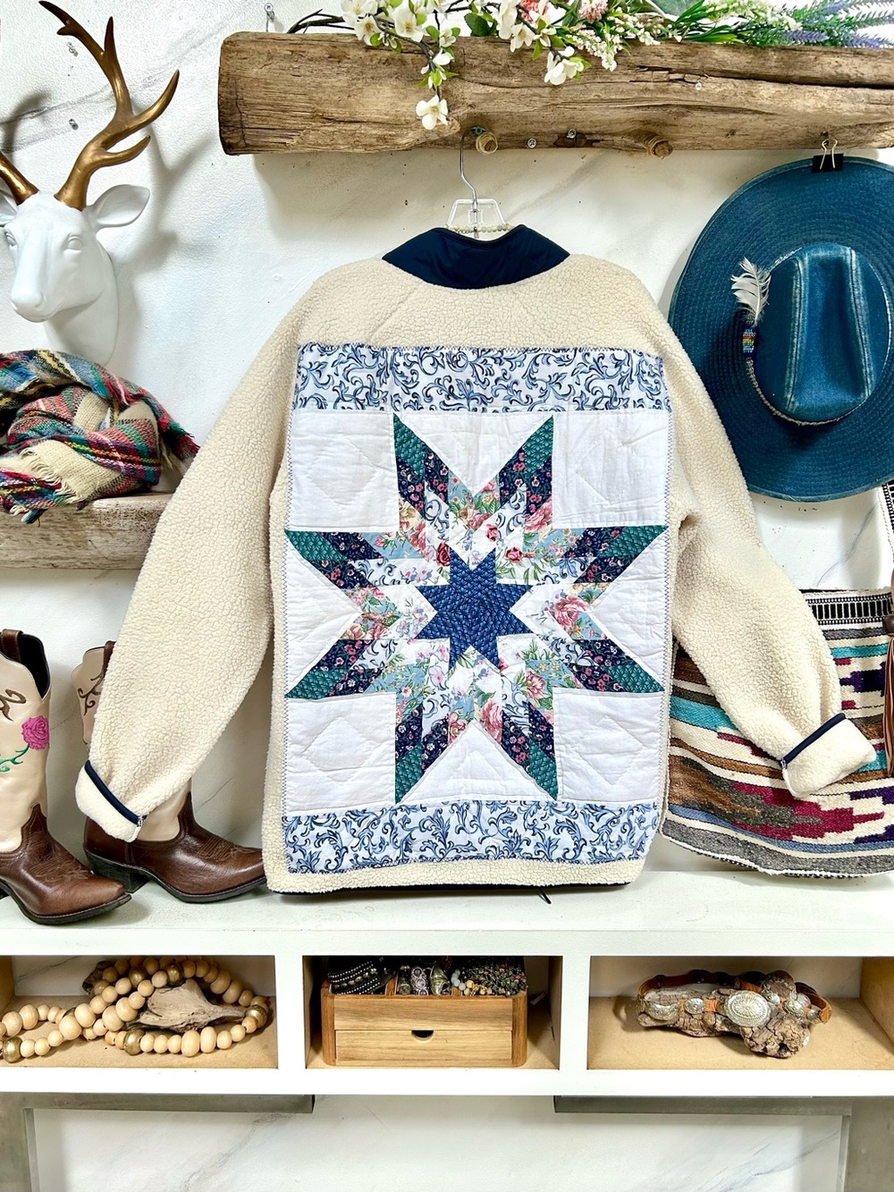 Artisan Quilted back teddy/sharpa sweater jacket w cottagecore farmhouse vibe